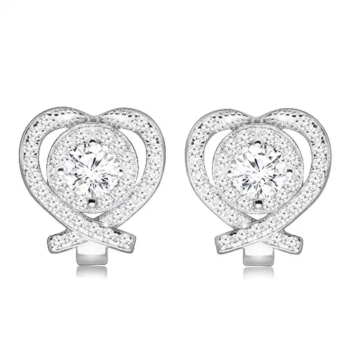 Ródiované náušnice zo striebra 925 - kontúra srdca s čírym zirkónom v strede