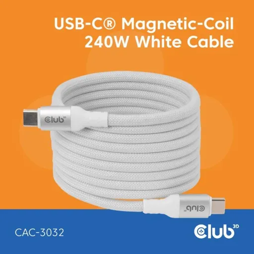 Club3D Kábel magnetický USB-C, 240W PD3.1, 480 Mbps, 2m, biela
