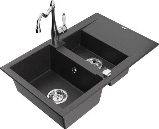 MEXEN/S MEXEN/S - Gaspar granitový drez 1.5 s odkvapkávačom vrátane batérie Carla, čierna kropenatá 6507-76-670700-00