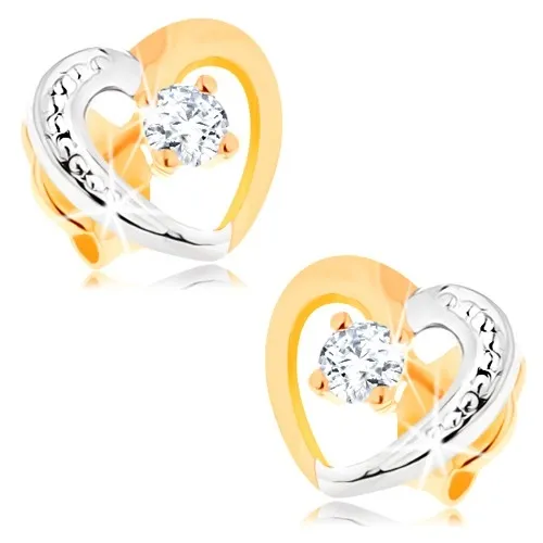 Náušnice zo 14K zlata - kontúra srdiečka v dvojfarebnom prevedení, zirkónik