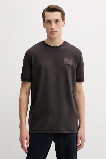 Bavlnené tričko EA7 Emporio Armani pánske, hnedá farba, s nášivkou, AF13741.7X000127