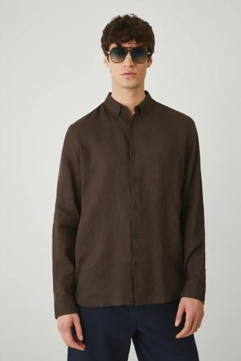 Ľanová košeľa Medicine pánska, hnedá farba, regular, s golierom button-down