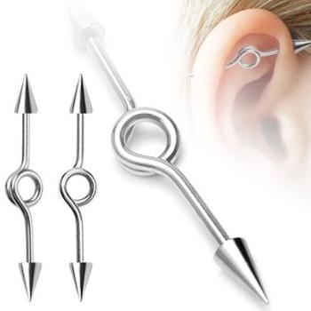 Piercing do ucha s ohnutím do kruha a hrotovým zakončením
