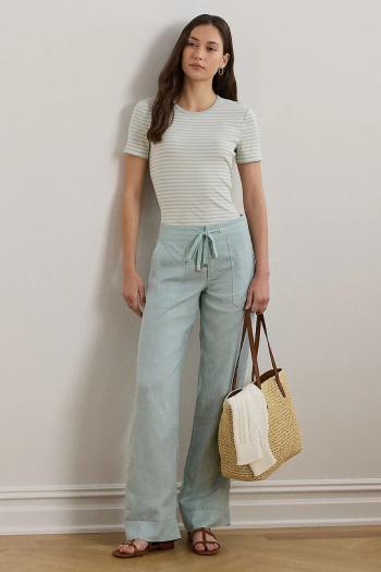 Ľanové nohavice Lauren Ralph Lauren tmavomodrá farba, široké, stredne vysoký pás, 200735136