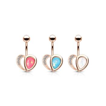 Piercing z 316L ocele do pupku v medenej farbe - srdce, opálové odlesky, kryštáliky, 1,6 mm - Farba: Biela