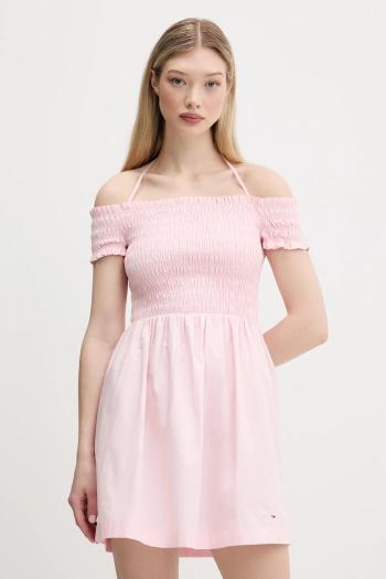 Bavlnené šaty Tommy Jeans ružová farba, mini, áčkový strih, DW0DW20343