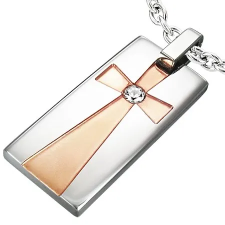 Prívesok z chirurgickej ocele - obdĺžnik, kríž zlatej farby s čírym zirkónom