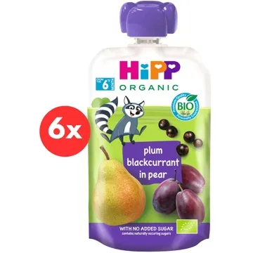 HiPP BIO 100 % ovocie Hruška – Čierna ríbezľa – Slivka 6× 100 g (9062300433781)