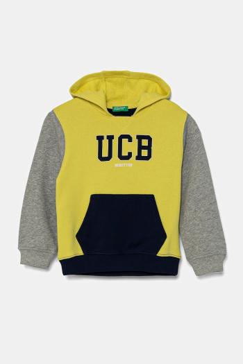 Detská bavlnená mikina United Colors of Benetton žltá farba, s kapucňou, s potlačou, 3J68G2011