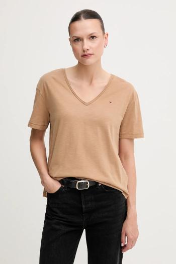 Bavlnené tričko Tommy Hilfiger dámske, hnedá farba, WW0WW43901