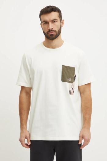 Bavlnené tričko adidas M T LENS PKT T pánske, béžová farba, s potlačou, JJ3928