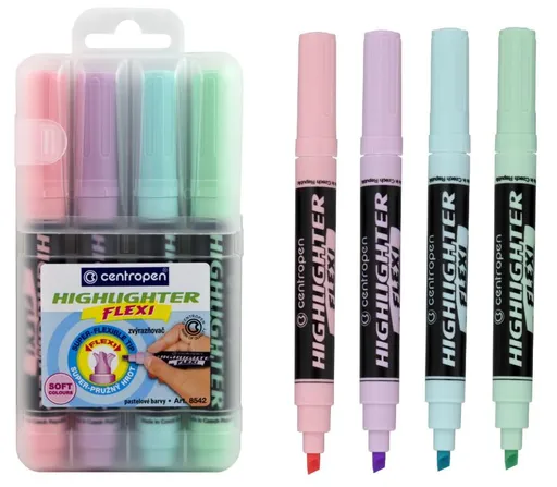 Zvýrazňovač Centropen 8542/4 Highlighter Flexi Soft pastelové 4 farby klinový hrot 1-5mm
