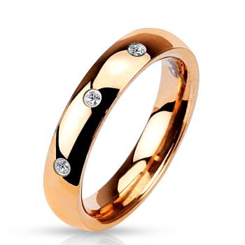 Oceľová obrúčka ružovozlatej farby - tri okrúhle číre zirkóny, 4 mm - Veľkosť: 49 mm