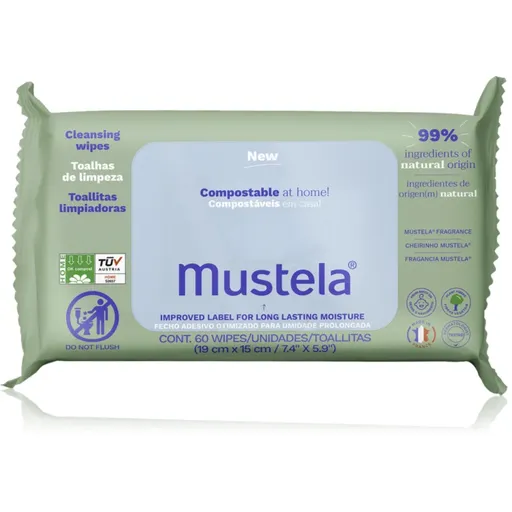 Mustela Compostable at Home Cleansing Wipes čistiace utierky s parfumáciou pre deti od narodenia 60 ks