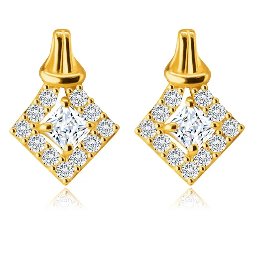 Zlaté 14K náušnice - zirkón vsadený v línii kosoštvorca vykladaného čírymi zirkónikmi, slučka, puzetky