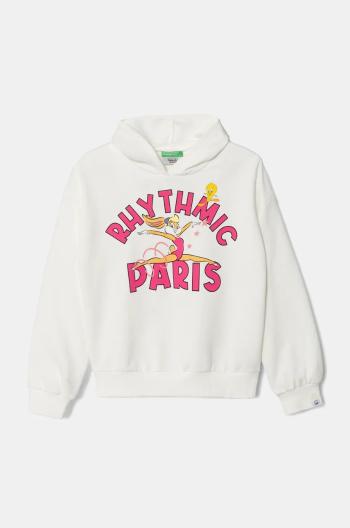 Detská bavlnená mikina United Colors of Benetton x Looney Tunes biela farba, s kapucňou, s potlačou, 3J68C204B