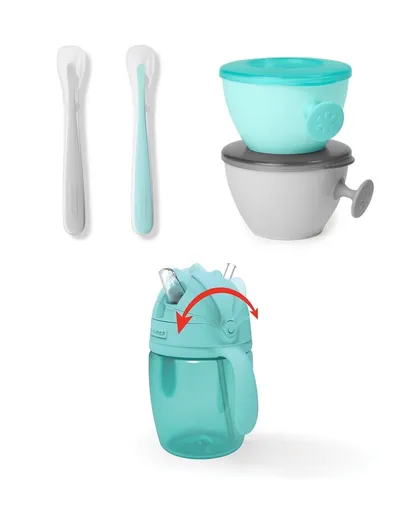 SKIP HOP Set jedálenský s hrnčekom 5 ks Easy-Feed Mealtime Set Teal/Grey 6m+