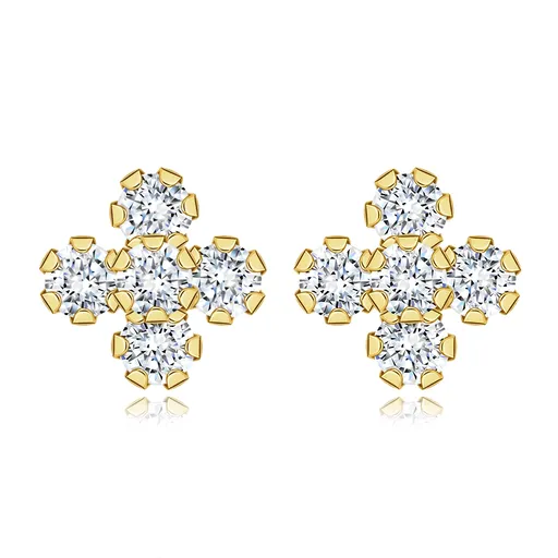 Náušnice zo žltého 9K zlata - kvietok s vyvýšeným stredom, číre zirkóny