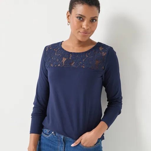 Tričko s okrúhlym výstrihom, dlhými rukávmi a čipkou