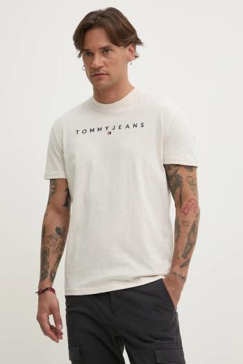 Bavlnené tričko Tommy Jeans pánske, béžová farba, s nášivkou, DM0DM20744