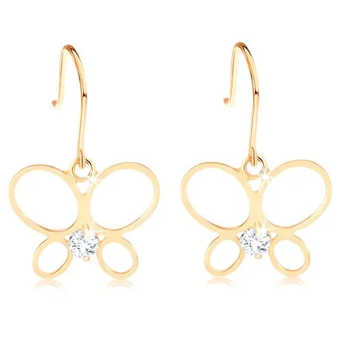 Náušnice v žltom 14K zlate - tenký obrys motýľa, okrúhly diamant čírej farby