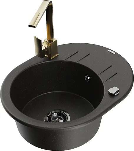 MEXEN/S MEXEN/S - Kevin granitový drez s odkvapkávačom vrátane batérie Rita, čierna/zlatá metalik 6517-75-670300-50-B