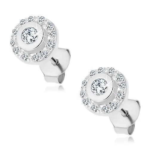 Puzetové náušnice - striebro 925, trblietavý okrúhly zirkón s čírym lemom