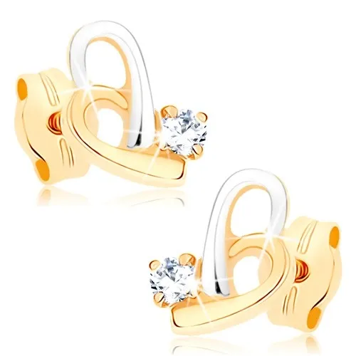 Zlaté náušnice 9K asymetrické srdce s čírym zirkónom
