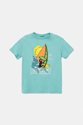 Detské bavlnené tričko United Colors of Benetton tyrkysová farba, s potlačou, 3I1XC10P7