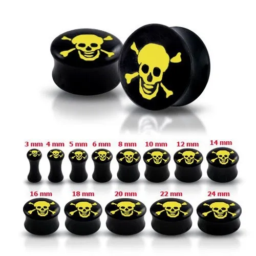 Sedlový čierny plug do ucha, lebka a skrížené kosti - Hrúbka: 10 mm