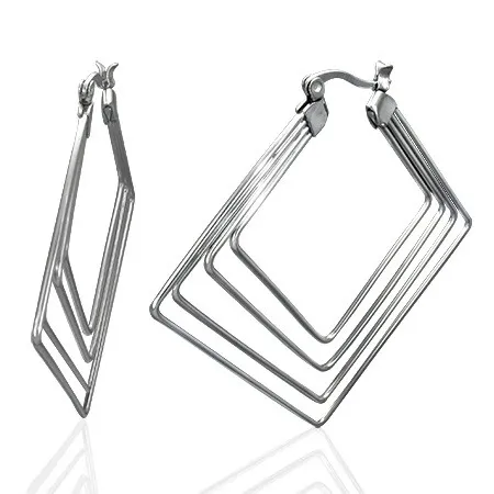 Oceľové náušnice striebornej farby - štyri štvorce, 40 mm