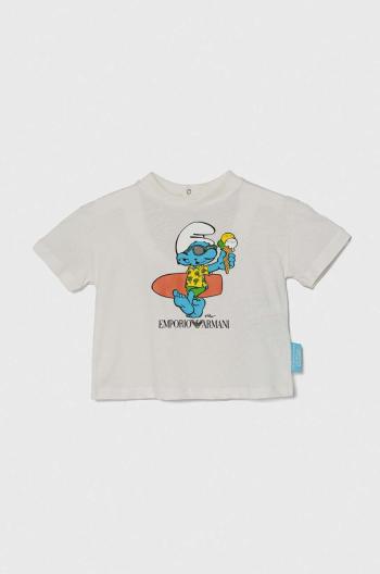 Detské bavlnené tričko Emporio Armani x The Smurfs biela farba, s potlačou
