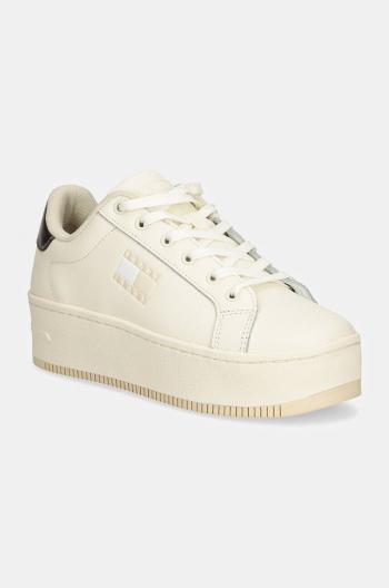 Kožené tenisky Tommy Jeans TJW FLATFORM SNEAKER METALLIC béžová farba, EN0EN02711