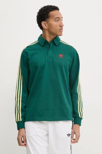 Bavlnené tričko s dlhým rukávom adidas Originals Rugby polo zelená farba, vzorované, JC9915