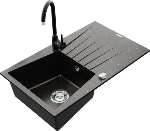 MEXEN/S MEXEN/S - Cesar granitový drez 1 s odkvapkávačom vrátane batérie Telma, čierna/zlatý 6514-75-670200-70