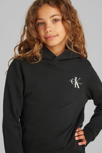 Detská bavlnená mikina Calvin Klein Jeans čierna farba, s kapucňou, s potlačou