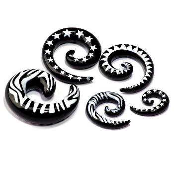 Čierny vzorovaný expander do ucha z akrylu, slimák - Hrúbka: 5 mm, Tvar hlavičky: Zebra