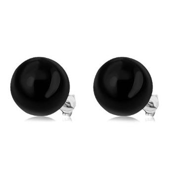 Strieborné náušnice 925, lesklá čierna perla, 14 mm, puzetky