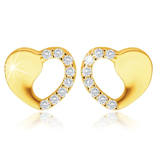 Náušnice v žltom zlate 585 - symetrické srdiečko s výrezom, okrúhle číre zirkóniky