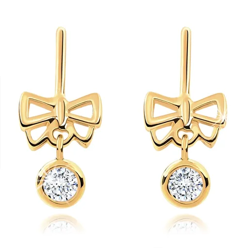 Zlaté náušnice 585 - tenký prerušený kruh, lesklá mašlička s visiacim zirkónom