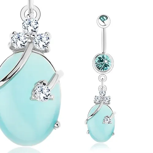 Piercing do pupku - chirurgická oceľ, číre a akvamarínové zirkóny, svetlomodrý ovál