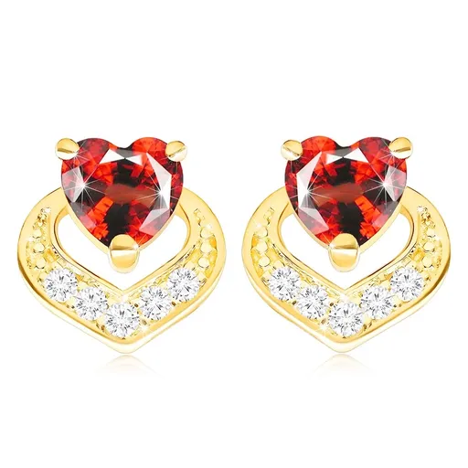 Zlaté náušnice 9K srdce s červeným granátom a zirkónovým lemom