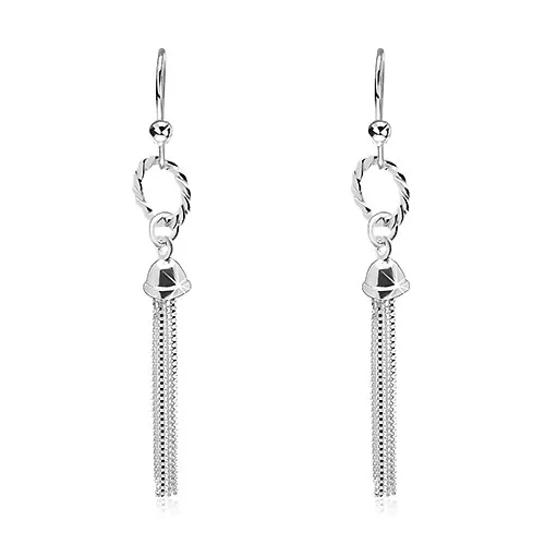 Visiace náušnice, striebro 925 - obruč so strapcom z retiazok, háčiky