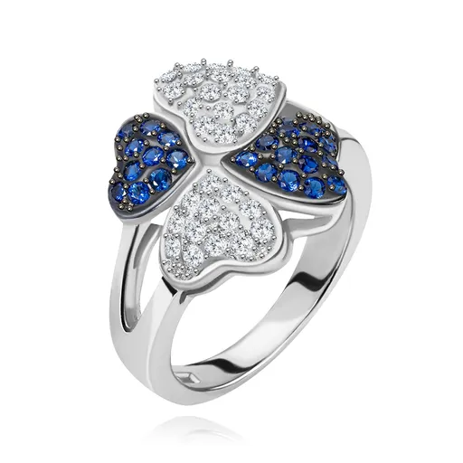 Prsteň zo striebra 925, štyri srdiečka - drobné číre a modré kamienky - Veľkosť: 50 mm