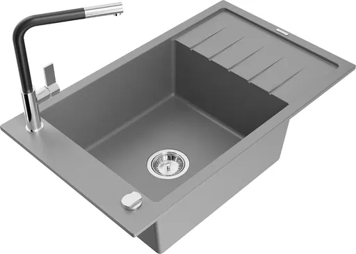 MEXEN/S MEXEN/S - Elias granitový drez 1 s odkvapkávačom vrátane batérie Flora, šedá 6511-71-670401-07