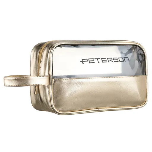 Zlatá kozmetická taštička s priehľadným panelom a pútkom