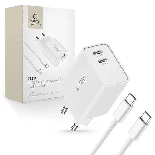 TECH-PROTECT C35W 2-PORT Sieťová nabíjačka + kábel USB Typ-C WHITE