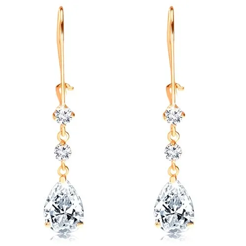 Zlaté náušnice 585 - dva okrúhle zirkóny a brúsená slza v čírej farbe