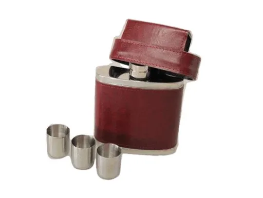 MAKRO - Fľaška nerezová v koži 200ml a 3 poháriky