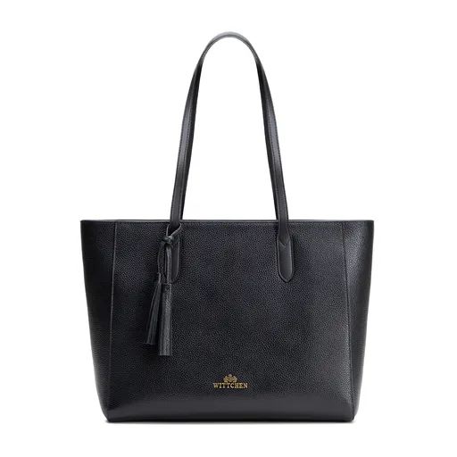 Shopperka z kože s ozdobným strapcom čierno-zlatá 100-4E-610-1G